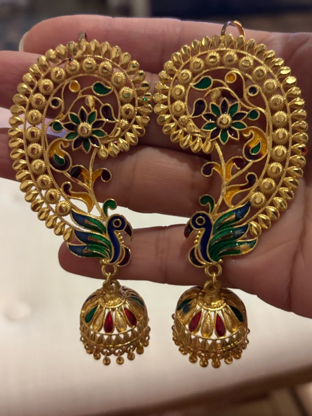 Gold-plated Peacock Jhumka Earrings with Green & Blue Enamel